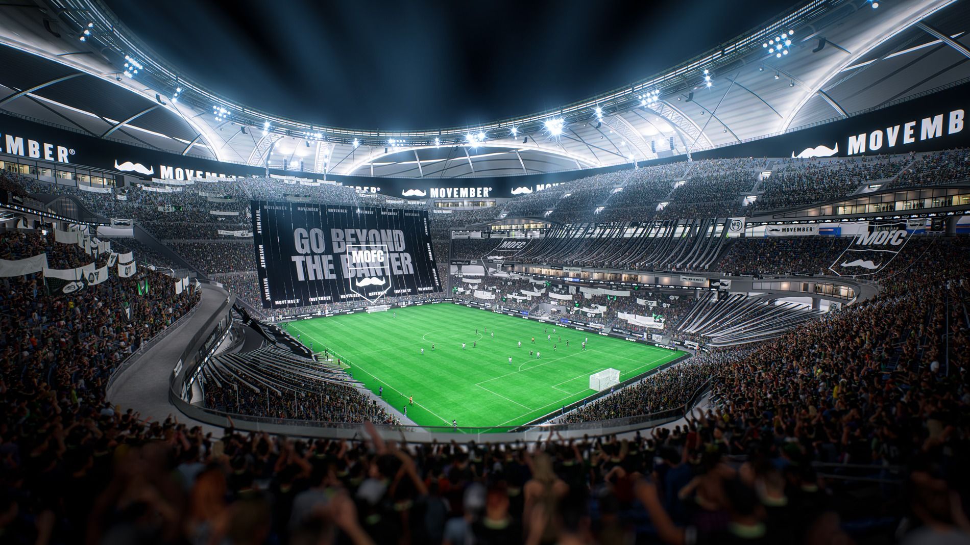 Digital image of a football pitch with Movember branding