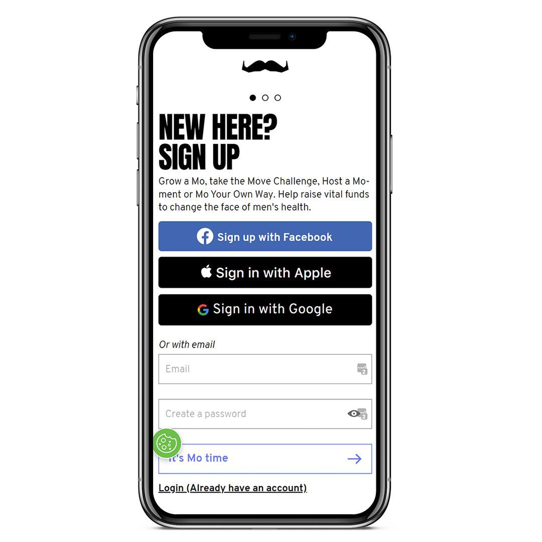 View of smartphone showing Movember's sign-up page