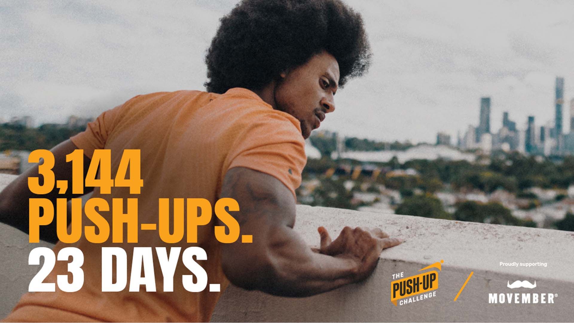 Muscular young man performing push-ups against a wall. Superimposed text says: "3,144 push-ups. 23 days."