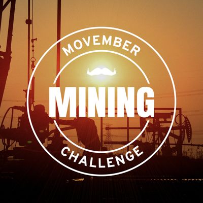An image of an oil rig at sunset with text overlay that reads: "Movember Mining Challenge"