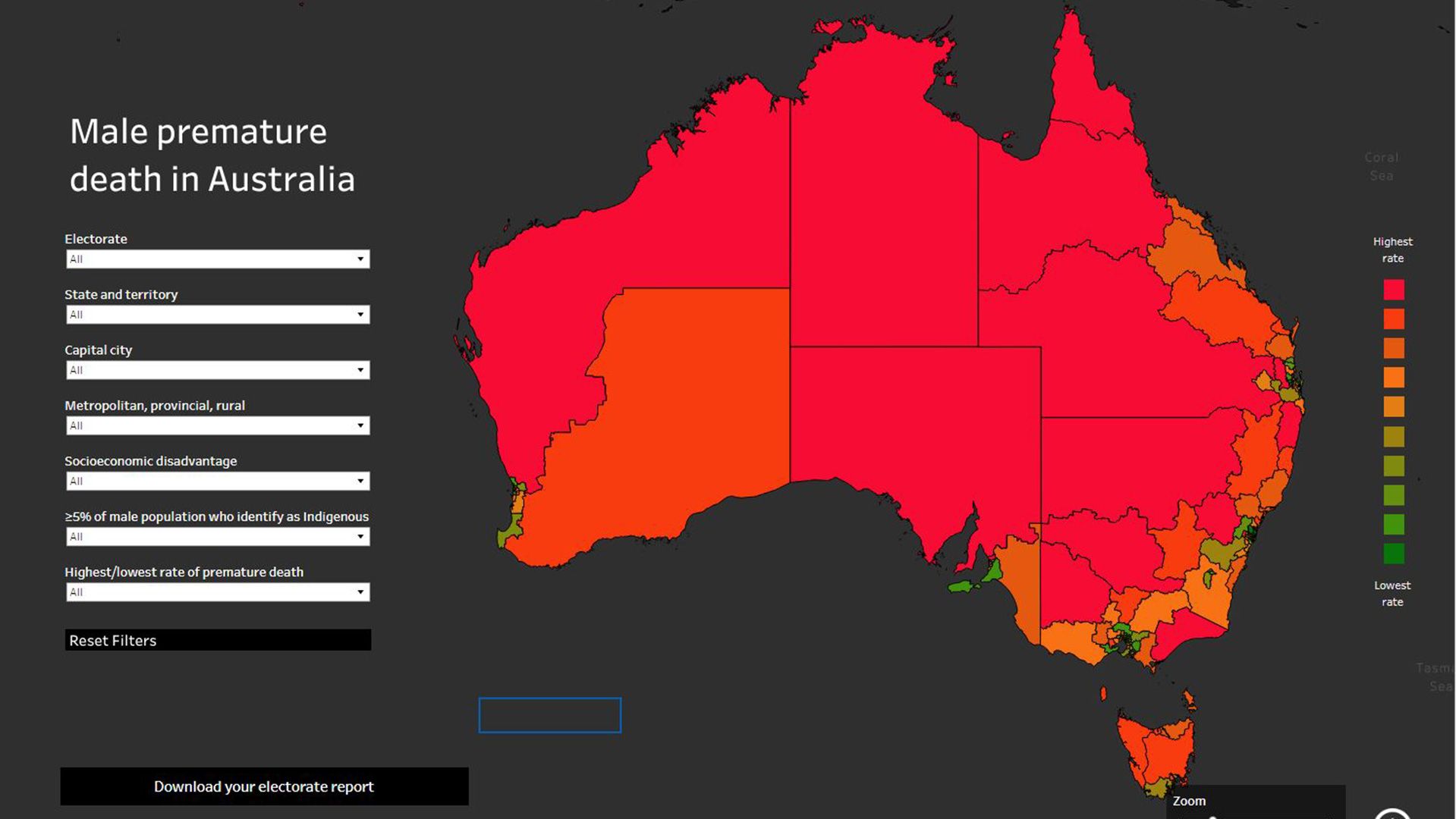 Colour-coded map of Australia showing male premature mortality rates across electorates.