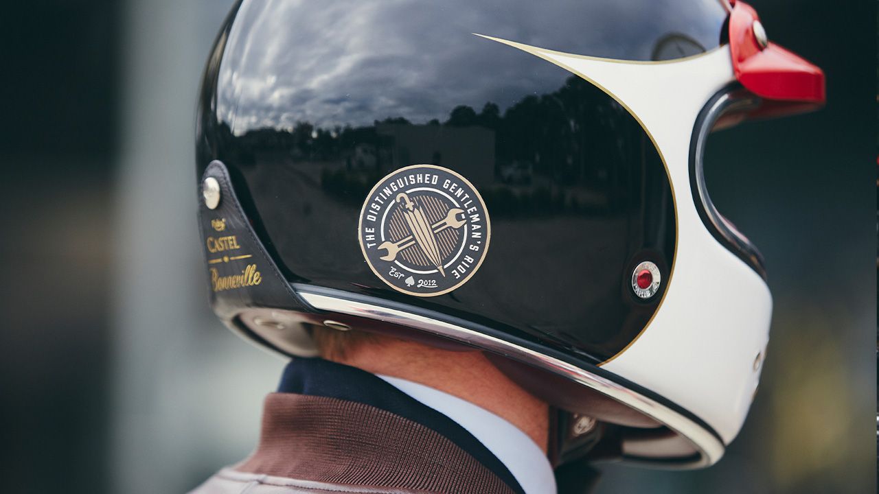 Detail of Distinguished Gentleman's Ride helmet, showing decal and logo.