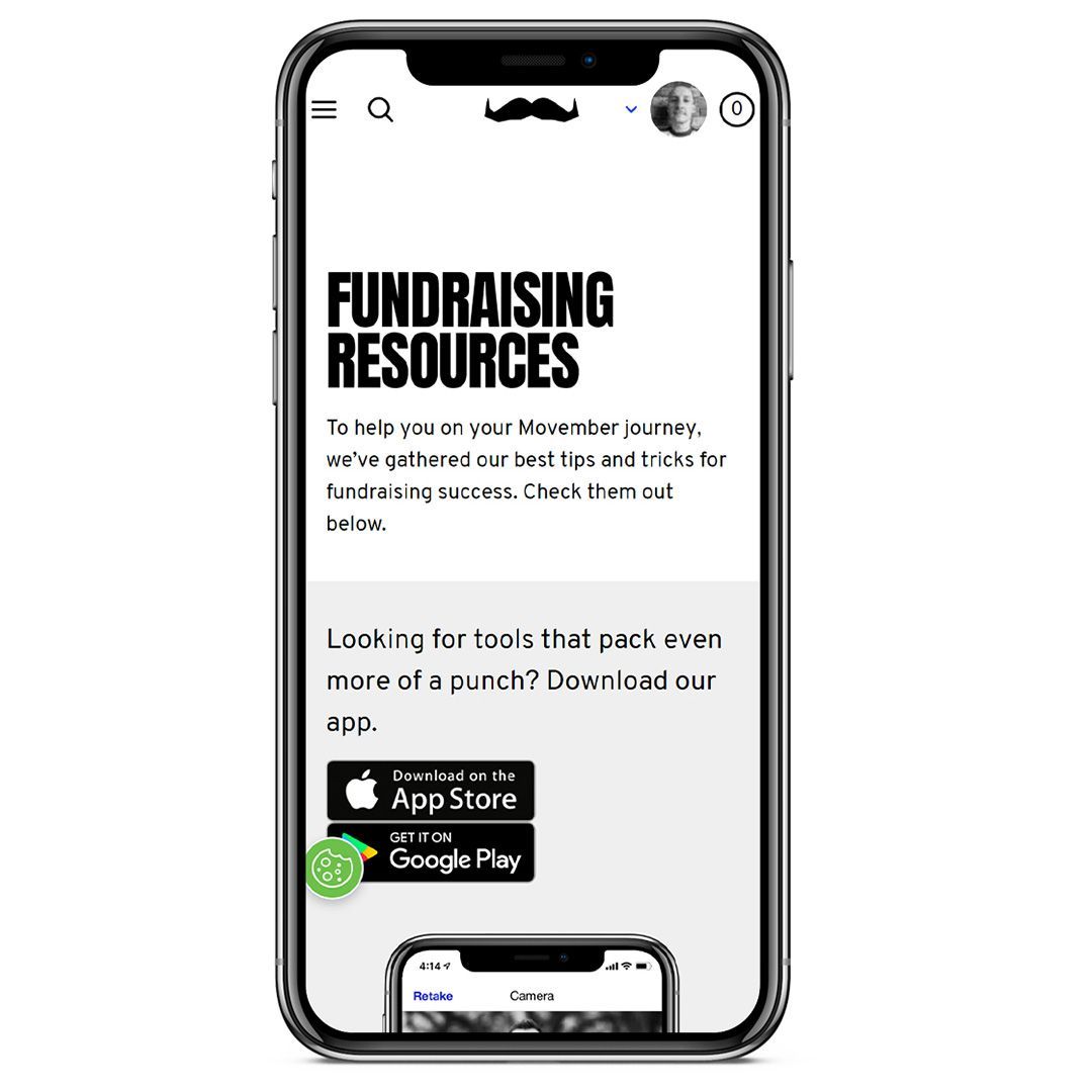 View of smartphone showing Movember's fundraising resources page