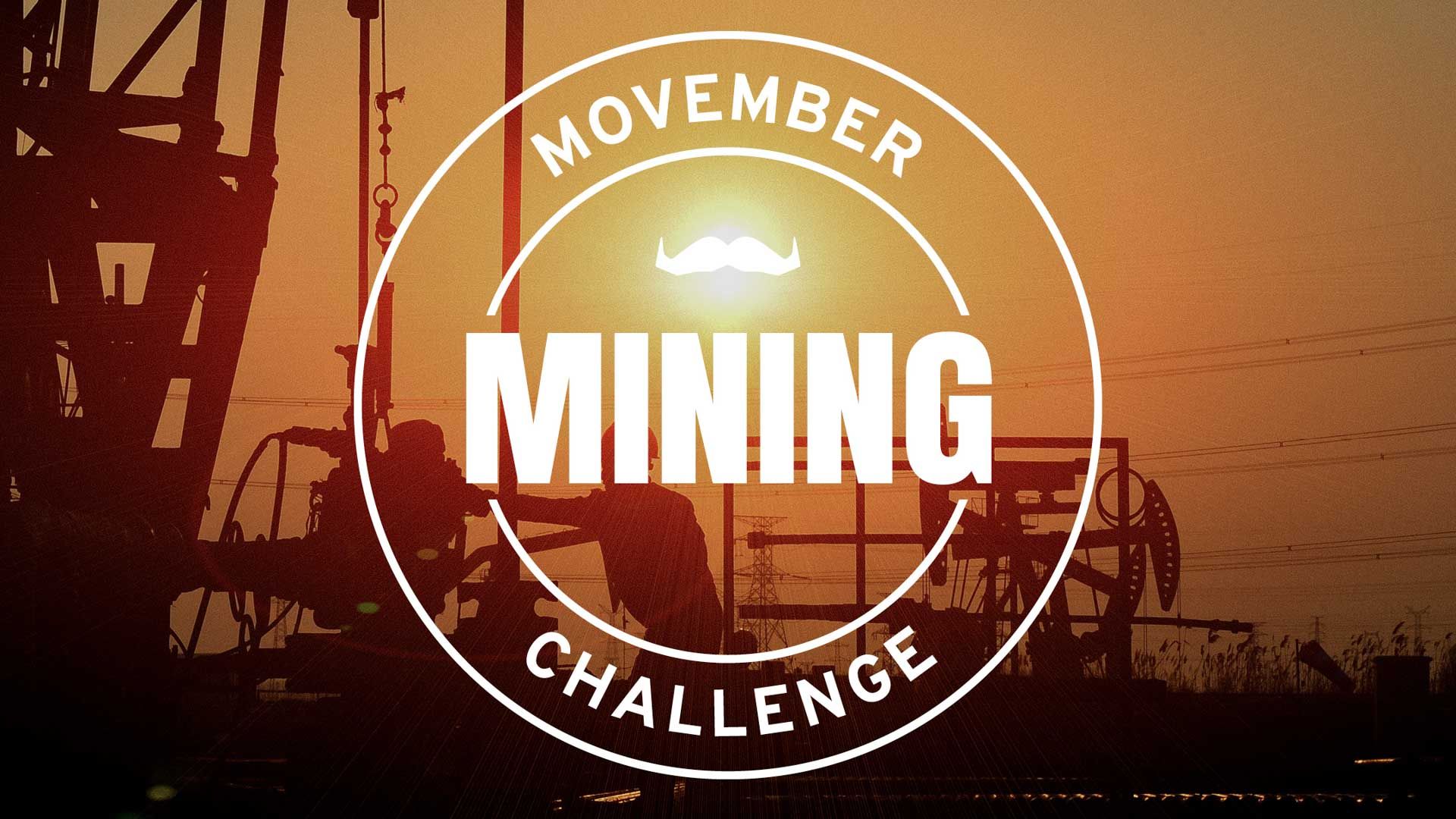 Mining Challenge logo set on the backdrop of of a mining scene with oil rigs and sunset 