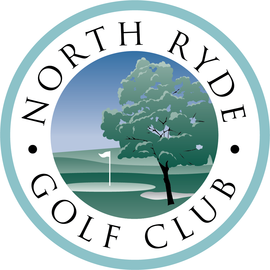 Logo for North Ryde Golf Club. It shows a stylised golfing green, with superimposed words reading: "North Ryde Golf Club".