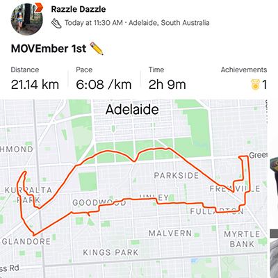 A completed GPS-tracked cycling route in the shape of a moustache, outlined on a map of Adelaide.
